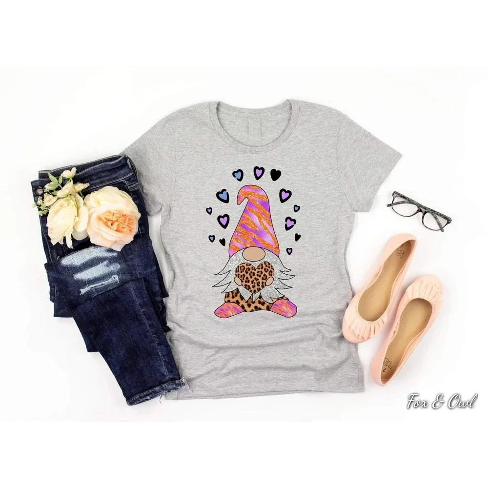 Gnome Love w Leopard Heart on Heathered Gray Graphic Tee - Picture 2 of 2